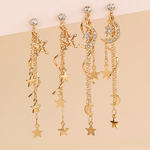 Серьги-гвоздики с кисточками из сплава и страз, золотые