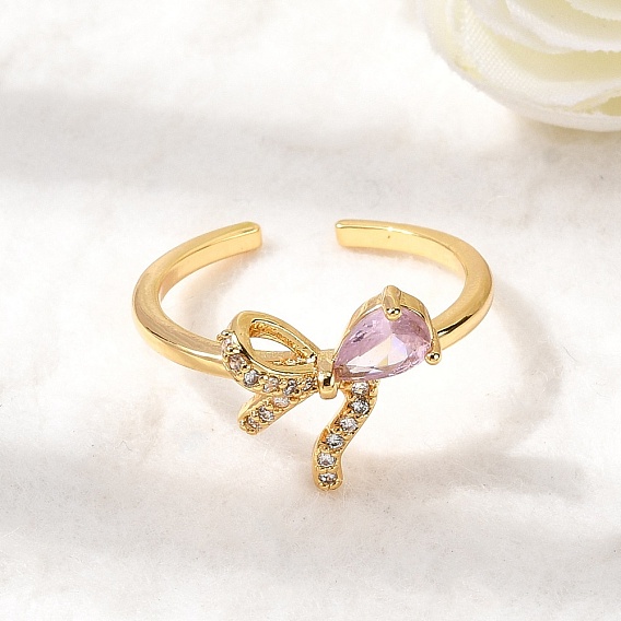 Кольца-манжеты из латуни с розовым паве и прозрачными кубическими цирконами, бантом, без никеля 