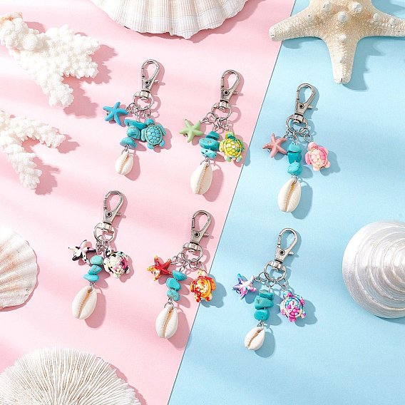 Синтетическая бирюзовая морская звезда черепаха подвеска украшения, с поворотными застежками-карабинами из сплава и бусинами из натуральных ракушек каури