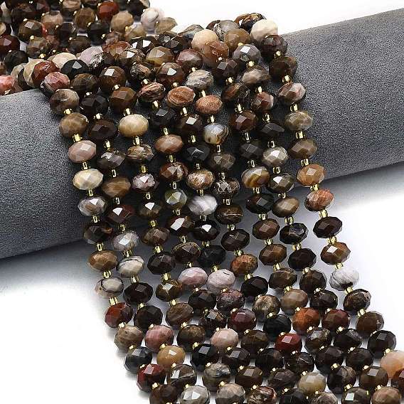 Природные окаменелое дерево бисер пряди, граненые, рондель, с бисером