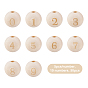 Olycraft 50PCS Number 0 to 9 Unfinished Natural Wood European Beads, Large Hole Beads, Laser Engraved Pattern, Round