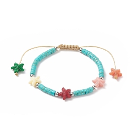 Bracelets en perles heishi turquoise synthétique teints (teints) avec étoile de mer corail synthétique teint, bracelet tressé en nylon réglable