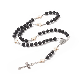 Ожерелье из четок из натуральной лавы и синтетической бирюзы, ожерелье с подвеской из сплава Девы Марии для женщин
