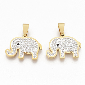 201 Stainless Steel Pendants, with Random Size Snap On Bails and Polymer Clay Crystal Rhinestones, Elephant