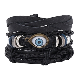 3Pcs 3 Style Adjustable Braided Imitation Leather Cord Bracelet Sets, Alloy Evil Eye & Wood Beaded Stackable Bracelets with Waxed Cord for Men