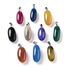 Natural Agate Dyed Pendants, Oval Charms with Stainless Steel Color Plated Stainless Steel Snap on Bails
