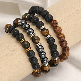 Round Natural Tiger Eye & Stone Stretch Beaded Bracelet Men's Fashion Jewelry