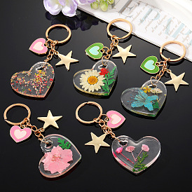 Acrylic dried flower keychain creative natural flower transparent love five-pointed star chain bag pendant