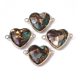 Assembled Bronzite & Imperial Jasper Links Connectors, with Golden Plated Brass Loops, Heart, Golden