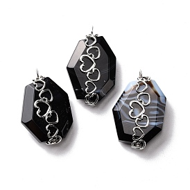 Natural Agate Dyed Pendants, with Stainless Steel Color Plated 304 Stainless Steel Heart Findings, Faceted, Polygon