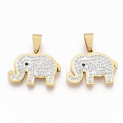 201 Stainless Steel Pendants, with Random Size Snap On Bails and Polymer Clay Crystal Rhinestones, Elephant