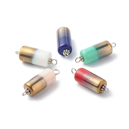 Demi-perles de verre opaque galvanoplastie liens connecteurs, deux tons, avec des perles d'espacement de marguerite en alliage de style tibétain et une épingle à œil en fer, colonne, couleur mixte