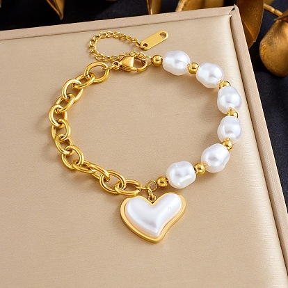 Браслеты с подвесками в виде сердца 304 из нержавеющей стали и пластика с имитацией жемчуга, цепочные браслеты для женщин