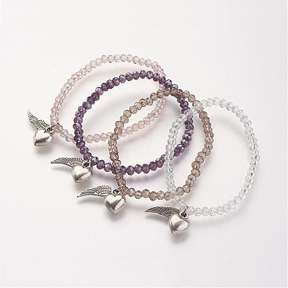 Faceted Abacus Glass Beads Stretch Bracelets, with Tibetan Style Pendants