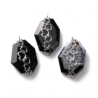 Natural Agate Dyed Pendants, with Stainless Steel Color Plated 304 Stainless Steel Heart Findings, Faceted, Polygon