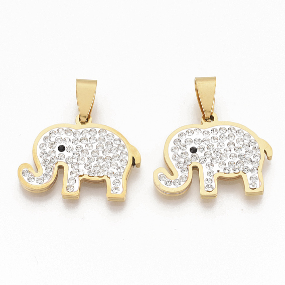 201 Stainless Steel Pendants, with Random Size Snap On Bails and Polymer Clay Crystal Rhinestones, Elephant