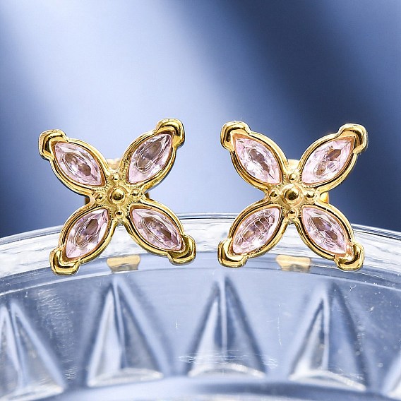304 Stainless Steel Stud Earrings, with Cubic Zirconia, Ion Plating(IP), Flower, Golden