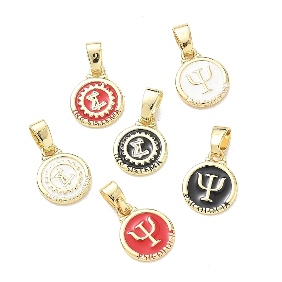 Brass Enamel Pendants, Flat Round Charms, Rack Plating, Long-Lasting Plated, Cadmium Free & Lead Free, Real 18K Gold Plated