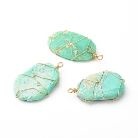 Natural Chrysoprase Pendants, with Real 18K Gold Plated Eco-Friendly Copper Wire, Oval