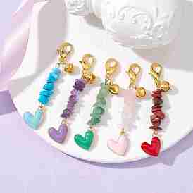 Decoraciones con colgante de corazón esmaltado de aleación y chip de piedras preciosas naturales y sintéticas, con broches de langosta de la aleación de la garra