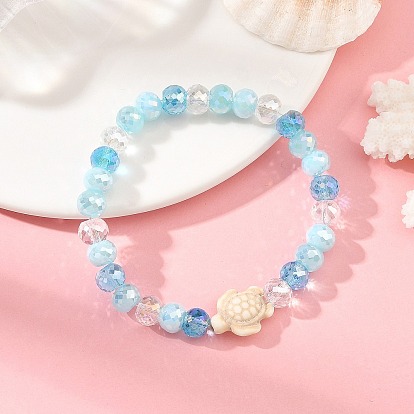 Ocean Dyed Synthetic Turquoise Sea Turtle Electroplate Glass Faceted Rondelle Beaded Stretch Bracelets for Women