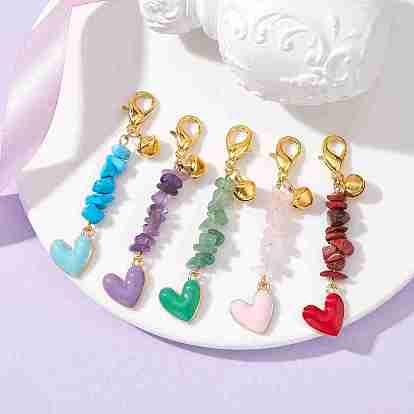 Decoraciones con colgante de corazón esmaltado de aleación y chip de piedras preciosas naturales y sintéticas, con broches de langosta de la aleación de la garra