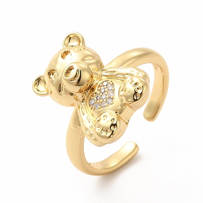 Clear Cubic Zirconia Bear with Heart Open Cuff Ring, Brass Jewelry for Women