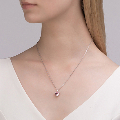Heart Cubic Zirconia Pendant Necklaces, with Rhodium Plated 925 Sterling Silver Rolo Chain
