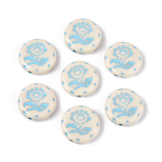 Окрашенные непрозрачные акриловые бусины, плоский круглый с цветком