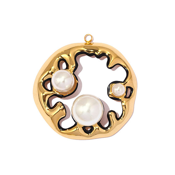 304 нержавеющей стальной эмали подвески, плоский круглый шарм, с ABS имитации жемчуга, ионное покрытие (ip), долговечный, реальный 18 k позолоченный