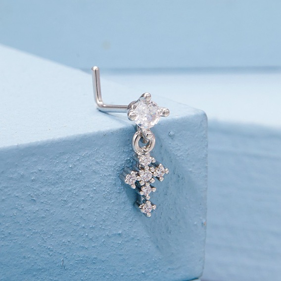 Латунные микропаве прозрачные кубические цирконии крестообразные кольца для носа в форме буквы L, с 316 l хирургическими штифтами из нержавеющей стали