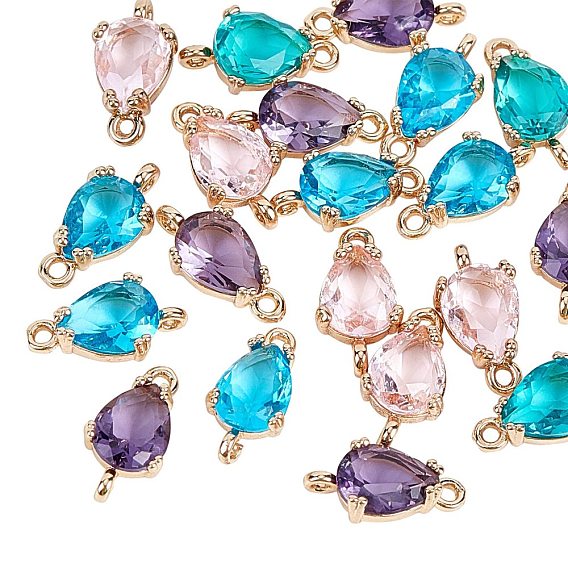 Transparent Glass Links/Connectors, for Jewelry DIY Craft Making, with Brass Loop, Faceted, Teardrop, Light Gold