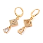 Rack Plating Golden Brass Dangle Leverback Earrings, with Cubic Zirconia, Rhombus