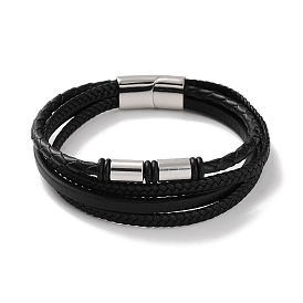 Bracelets multibrins en cuir pu noir tressé pour hommes, colonne 304 bracelets à maillons en acier inoxydable avec fermoirs magnétiques