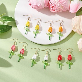 Stainless Steel Glass Flower Dangle Earrings, with Baking Paint Pearlized Glass Pearl Round Bead and Imitate Austrian Crystal Electroplate Bicone Glass Beads, Golden