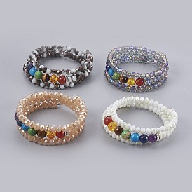 Electroplate Glass Wrap Bracelets, with Mixed Gemstone, 3-Loop, Round