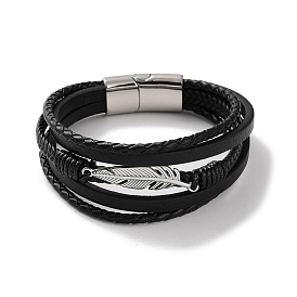 Men's Braided Black PU Leather Cord Multi-Strand Bracelets, Feather 304 Stainless Steel Link Bracelets with Magnetic Clasps