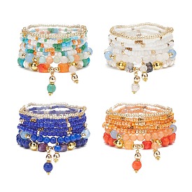 7 pcs 7 ensemble de bracelets extensibles en jade et agate et perles de verre teints naturels de style malaisie, Breloques nœud papillon en laiton bracelets empilables pour femmes