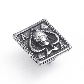 Breloques coulissantes / perles coulissantes rétro 304 en acier inoxydable, pour la fabrication de bracelets en cuir, rectangle avec coeur de pique