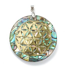 Natural Abalone Shell/Paua Shell Pendants, Alchemy Pendants, Mosaic Pattern, with Platinum Plated Brass Findings and Gold Foil, Flat Round with Magic Pattern