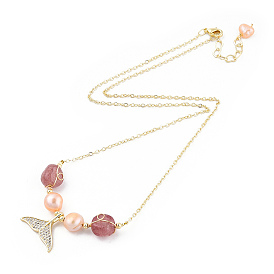 Collier pendentif queue de baleine en perles de quartz et perle de fraise naturelle avec chaînes câblées en laiton pour femme