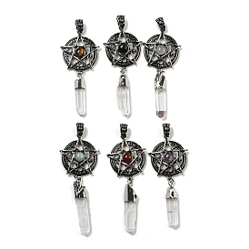 Natural Gemstone & Prism Quartz Crystal Big Pendants, Antique Silver Tone Rack Plating Alloy Star Charms, Lead Free & Cadmium Free