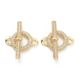 Brass Micro Pave Clear Cubic Zirconia Links Connectors, Long-Lasting Plated, Ring & Bar
