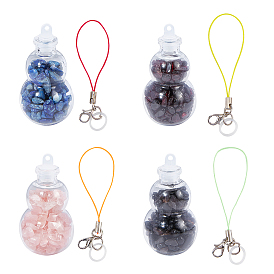 Transparent Glass Wishing Bottle Pendant Decoration, with Natural Gemstone Chips inside, Plastic Plug, Nylon Cord and Iron Findings, Gourd