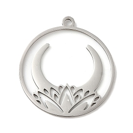 201 Stainless Steel Pendants, Flat Round with Lotus Crescent