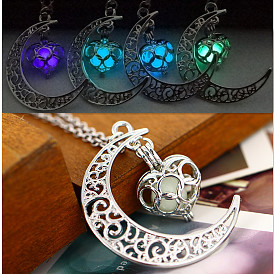 Alloy Moon Cage Pendant Necklace with Luminaries Stone, Glow In The Dark Jewelry for Women