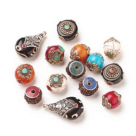 Tibetan Style Beads/Pendants, with Synthetic Turquoise, Synthetic Coral, Imitation Beeswax and Alloy Findings