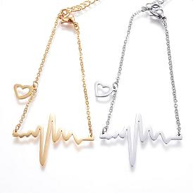 304 Stainless Steel Link & Charm Bracelets, Heartbeat, with Lobster Claw Clasps