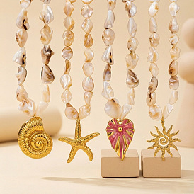 Ocean 304 Stainless Steel Pendant Natural Shell Nuggets Beaded Necklaces for Women, Real 18K Gold Plated, Seashell Color