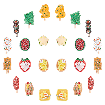 24 pcs 12 estilo cabujones de resina, alimento de imitación, sándwich y sandía y patatas fritas y fresa y cuadrado con mango y hamburguesa y tofu seco y puerro y hot dog y col china y champiñones y gambas
